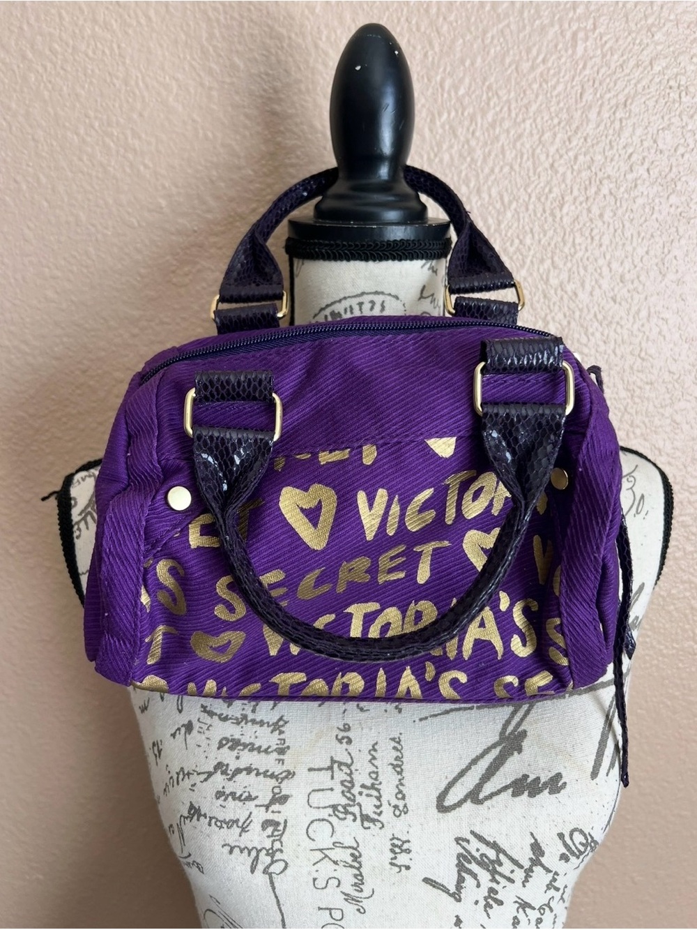 Victory Secret Y2K Soft Shell Corduroy Mini Purple Gold  Zipper Bag